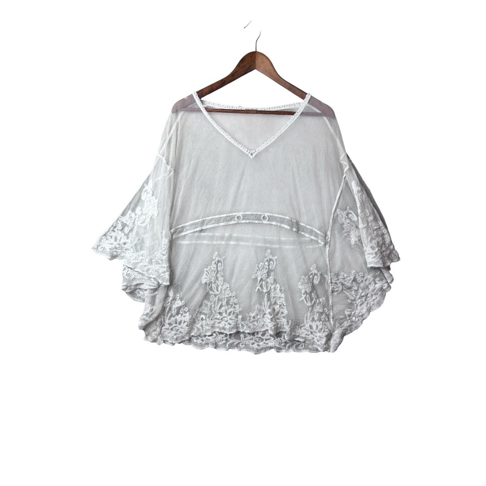 White Sheer Lace Boho Kimono Mesh With Floral Festival Beach Resort Large